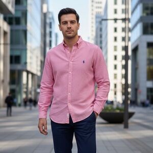 Ralph Lauren Men's Dress Shirt Men 17.5 XL Pink Cotton Blue Pony‎ Button Down